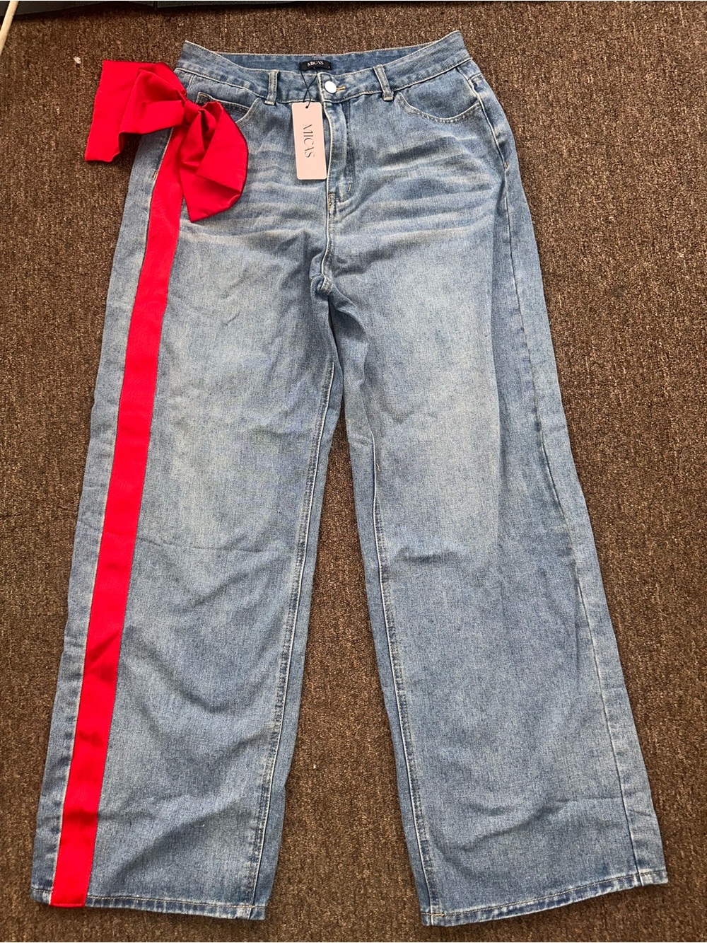 Straight Leg Light Wash Jeans with Red Side Ribbon by Micas